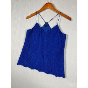 J.Crew Lace Cami Women 00 Blue Floral V-Neck Spaghetti Strap Eyelash Hem Luxe
